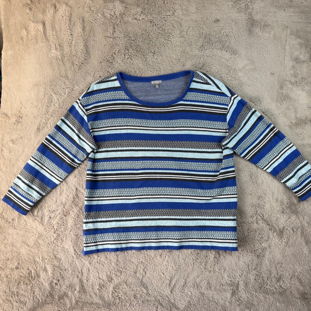 T by Talbots Striped Cotton Top Nautical Casual Long Sleeve Blue Black 1X